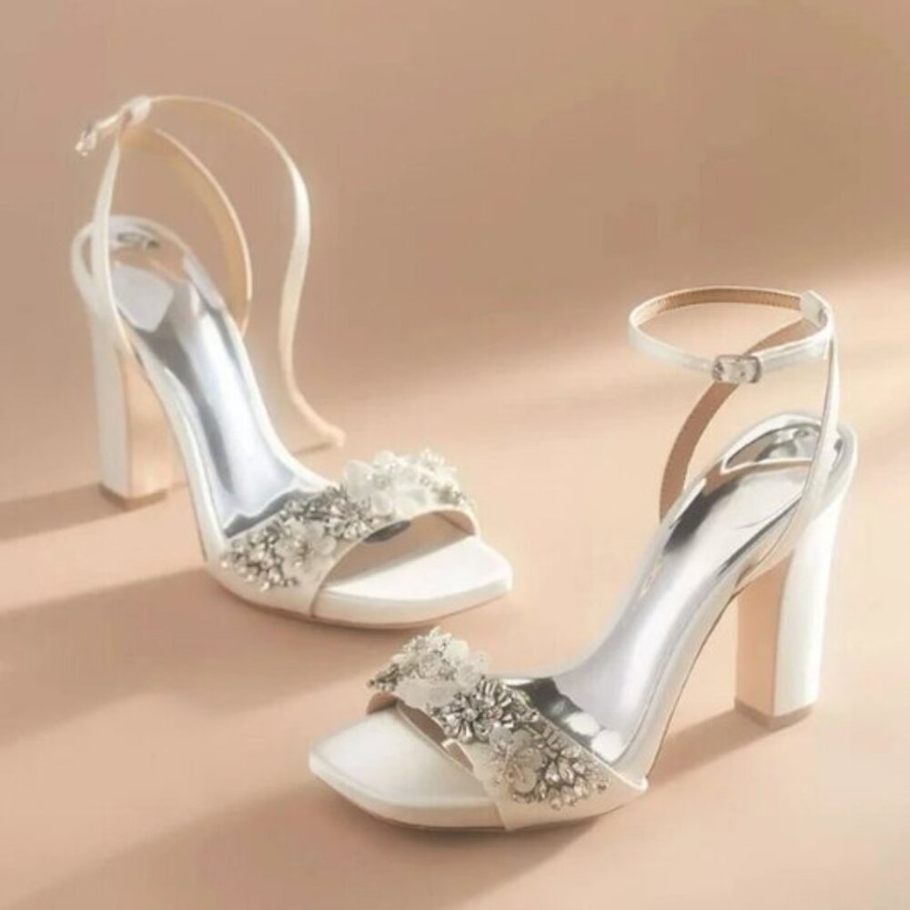 FSJ White Satin Flower Bead Embellished Ankle Strap Block Heel Sandals